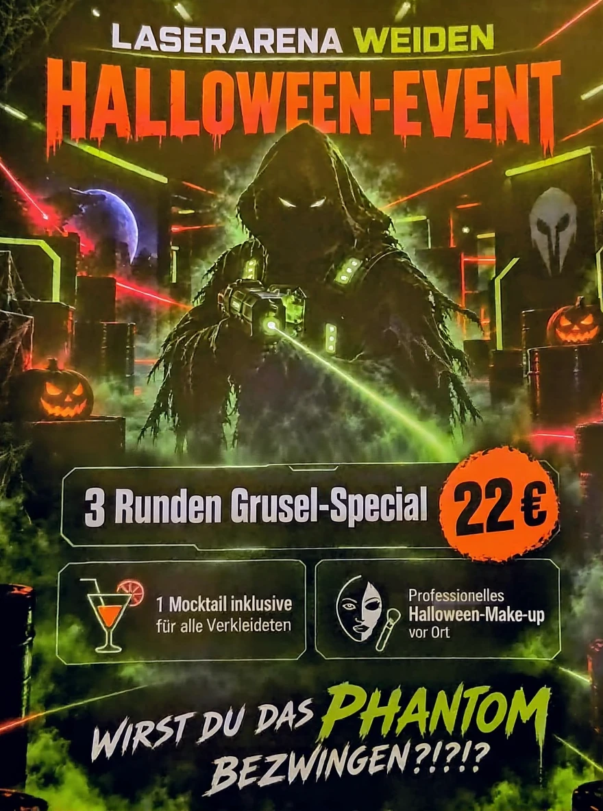 Flyer zum Halloween-Event der Laserarena Weiden – 3 Runden Grusel-Special für 22 Euro.